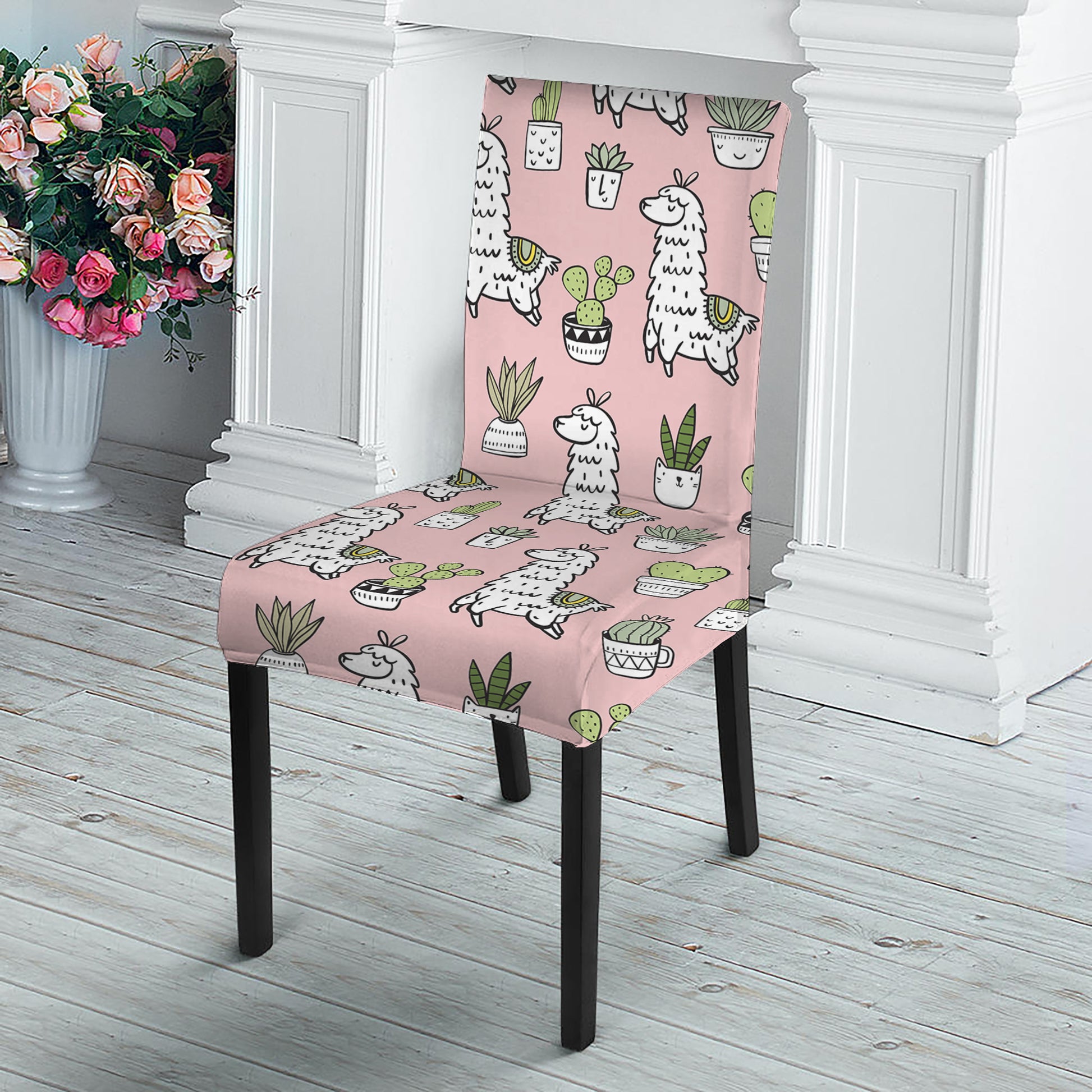 Cartoon Cactus And Llama Pattern Print Dining Chair Slipcover
