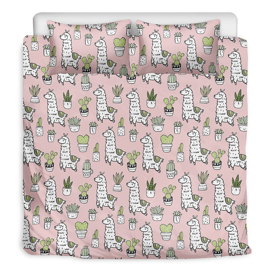 Cartoon Cactus And Llama Pattern Print Duvet Cover Bedding Set