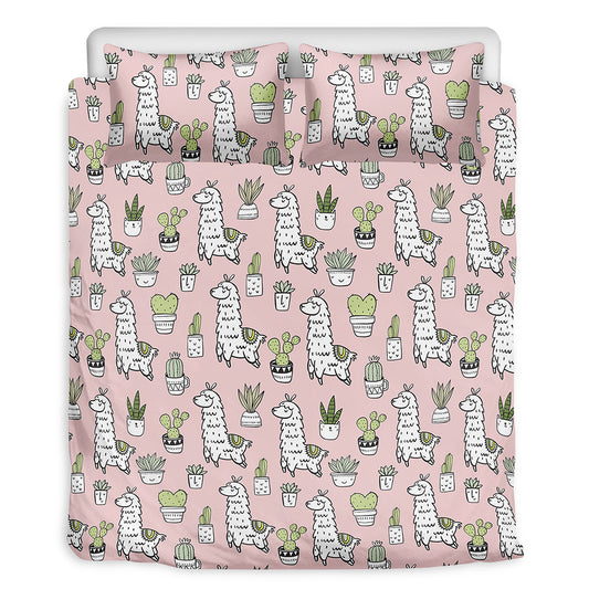 Cartoon Cactus And Llama Pattern Print Duvet Cover Bedding Set
