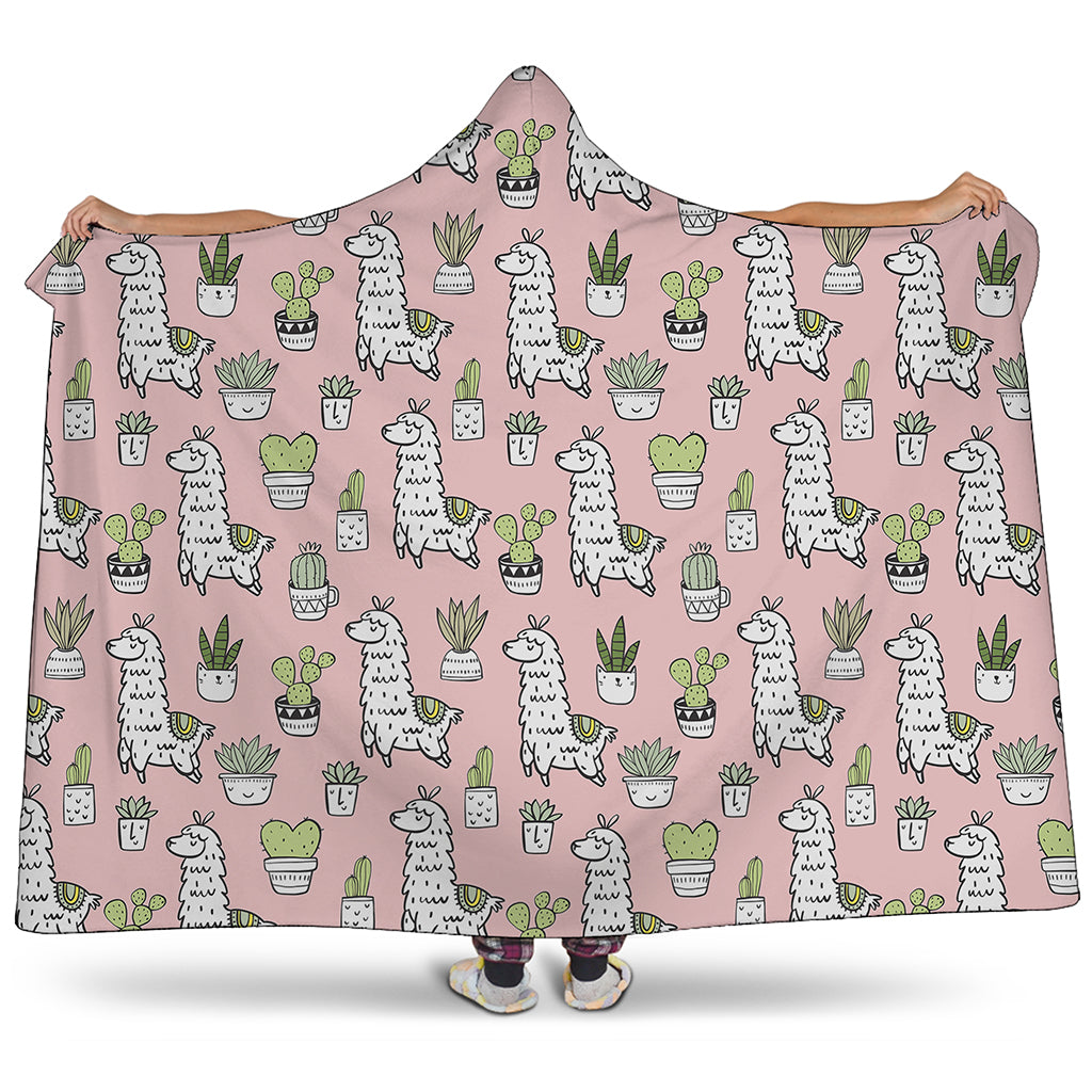 Cartoon Cactus And Llama Pattern Print Hooded Blanket