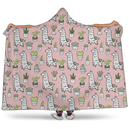 Cartoon Cactus And Llama Pattern Print Hooded Blanket