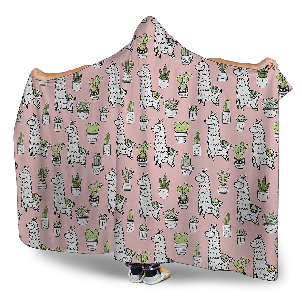 Cartoon Cactus And Llama Pattern Print Hooded Blanket
