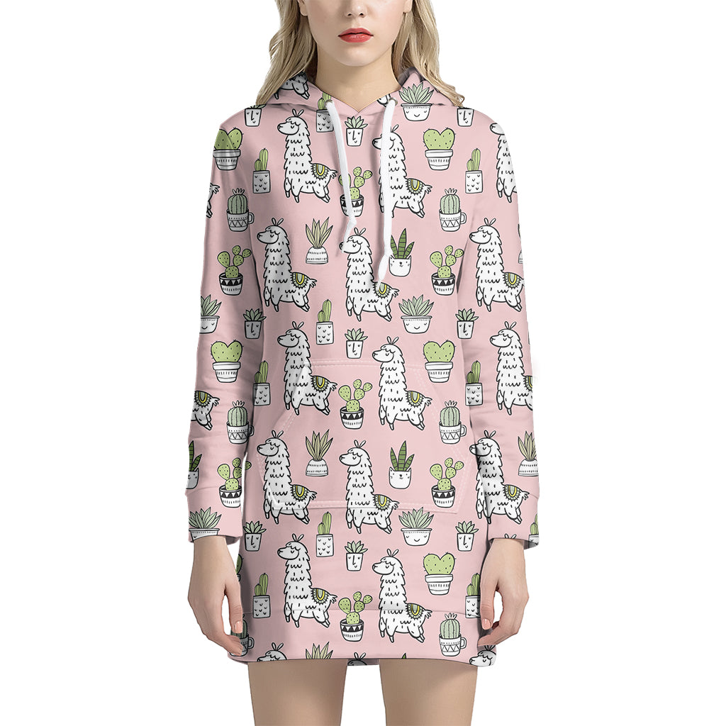 Cartoon Cactus And Llama Pattern Print Hoodie Dress