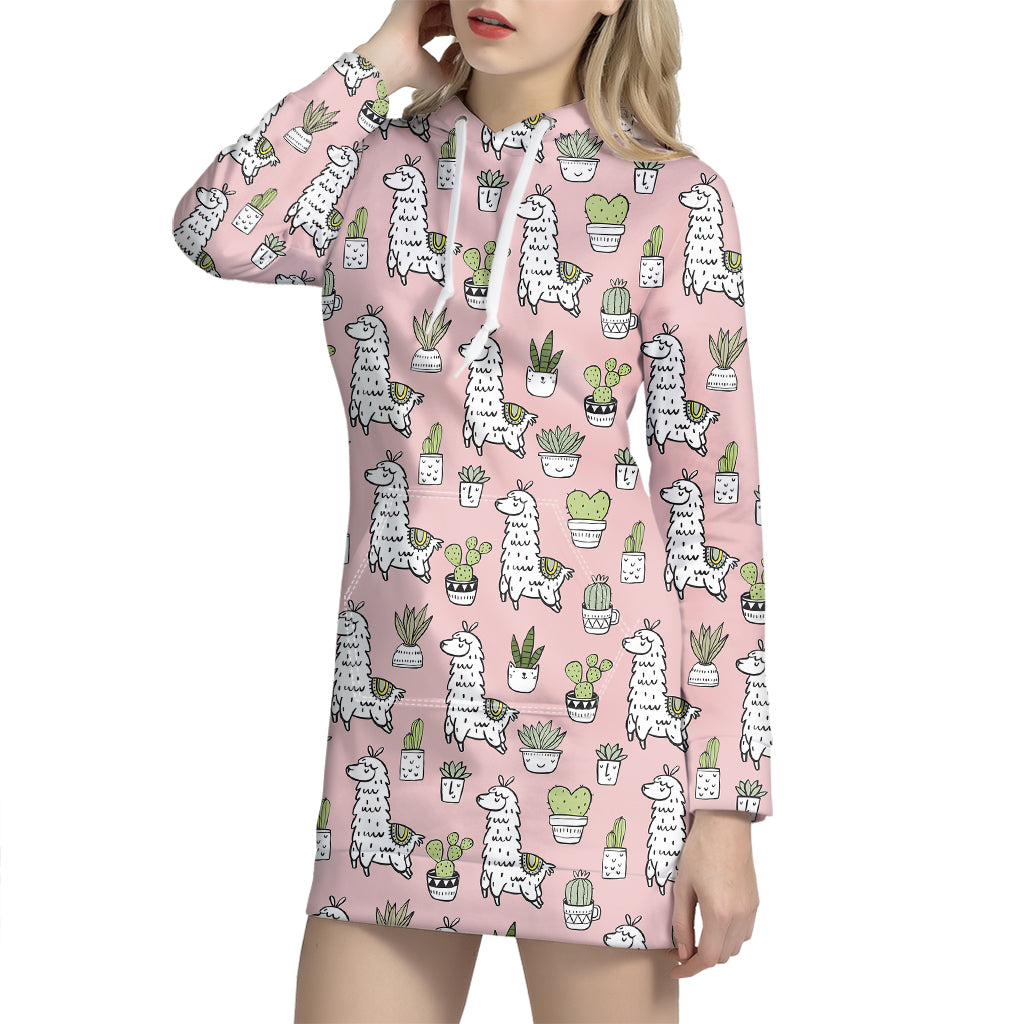 Cartoon Cactus And Llama Pattern Print Hoodie Dress
