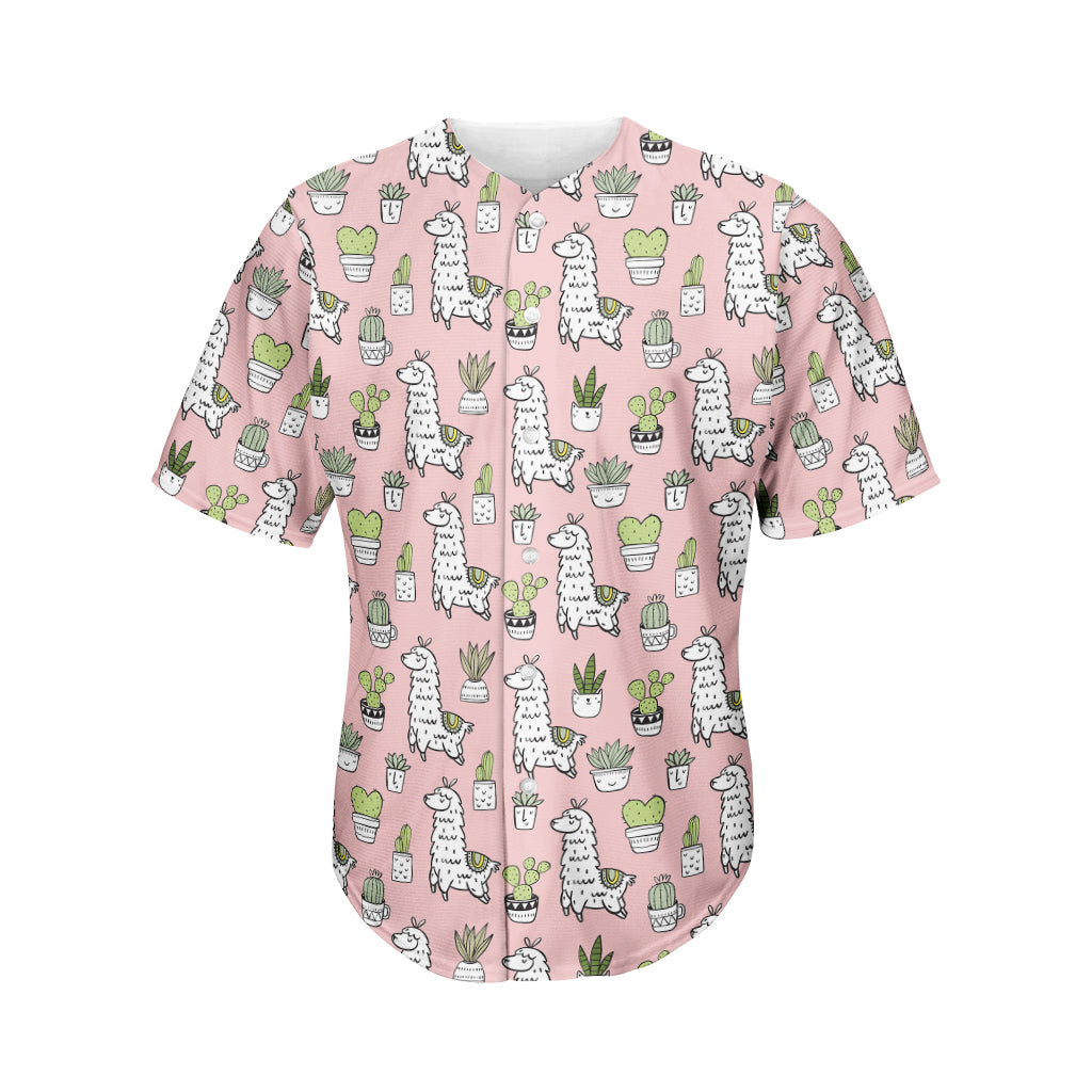 Cartoon Cactus And Llama Pattern Print Men's Baseball Jersey