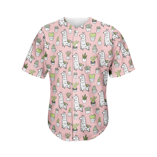 Cartoon Cactus And Llama Pattern Print Men's Baseball Jersey