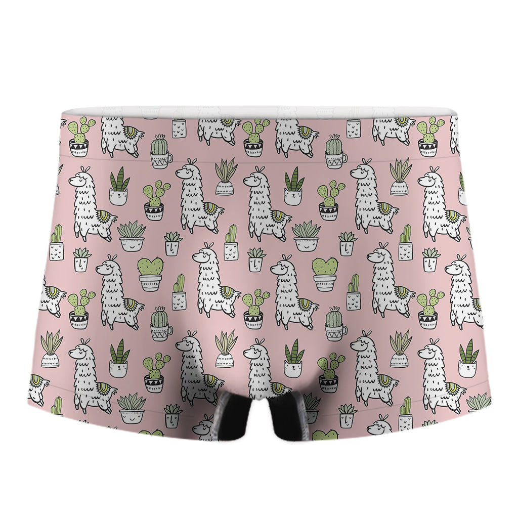 Cartoon Cactus And Llama Pattern Print Men's Boxer Briefs