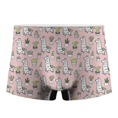 Cartoon Cactus And Llama Pattern Print Men's Boxer Briefs
