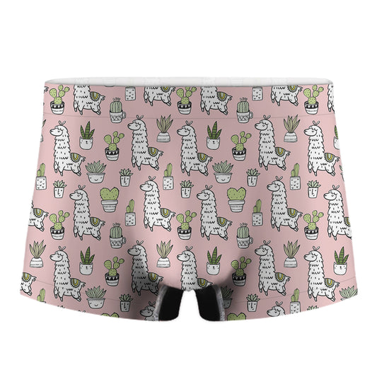 Cartoon Cactus And Llama Pattern Print Men's Boxer Briefs