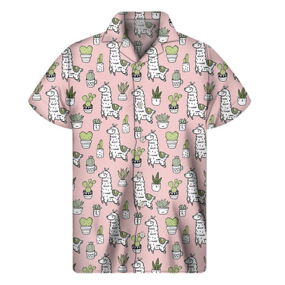 Cartoon Cactus And Llama Pattern Print Men's Short Sleeve Shirt