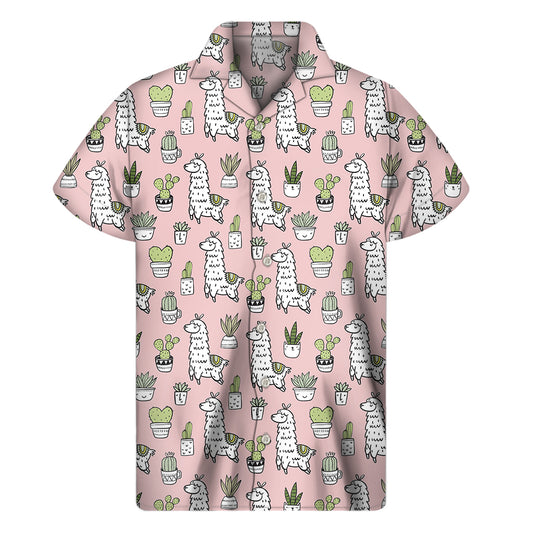 Cartoon Cactus And Llama Pattern Print Men's Short Sleeve Shirt
