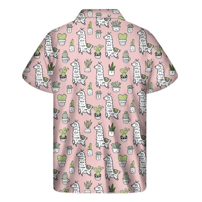 Cartoon Cactus And Llama Pattern Print Men's Short Sleeve Shirt
