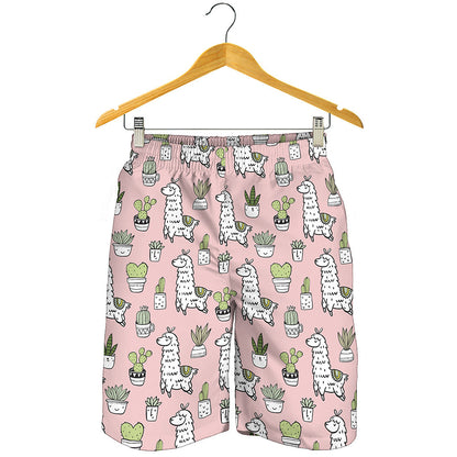 Cartoon Cactus And Llama Pattern Print Men's Shorts