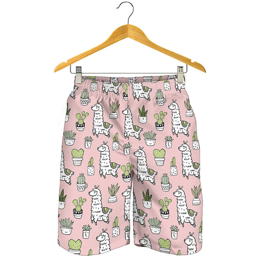 Cartoon Cactus And Llama Pattern Print Men's Shorts