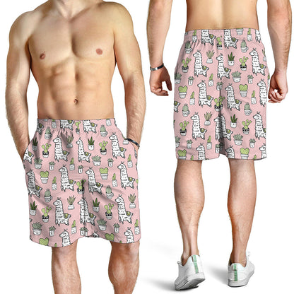 Cartoon Cactus And Llama Pattern Print Men's Shorts