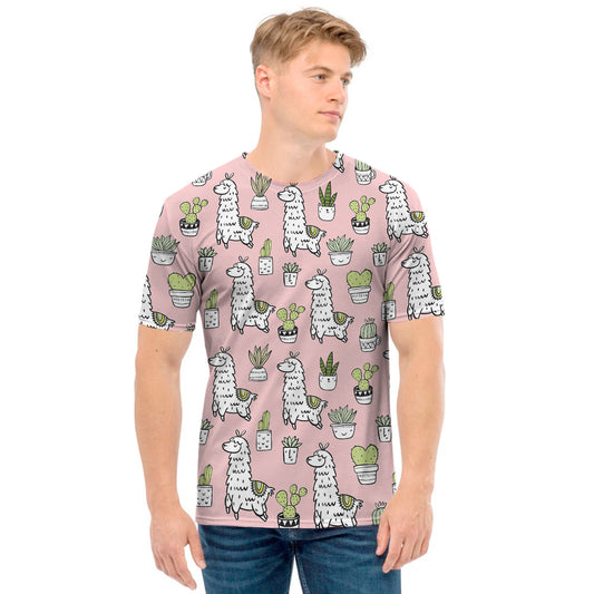 Cartoon Cactus And Llama Pattern Print Men's T-Shirt