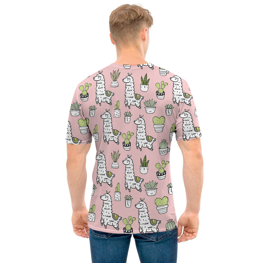 Cartoon Cactus And Llama Pattern Print Men's T-Shirt