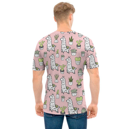 Cartoon Cactus And Llama Pattern Print Men's T-Shirt