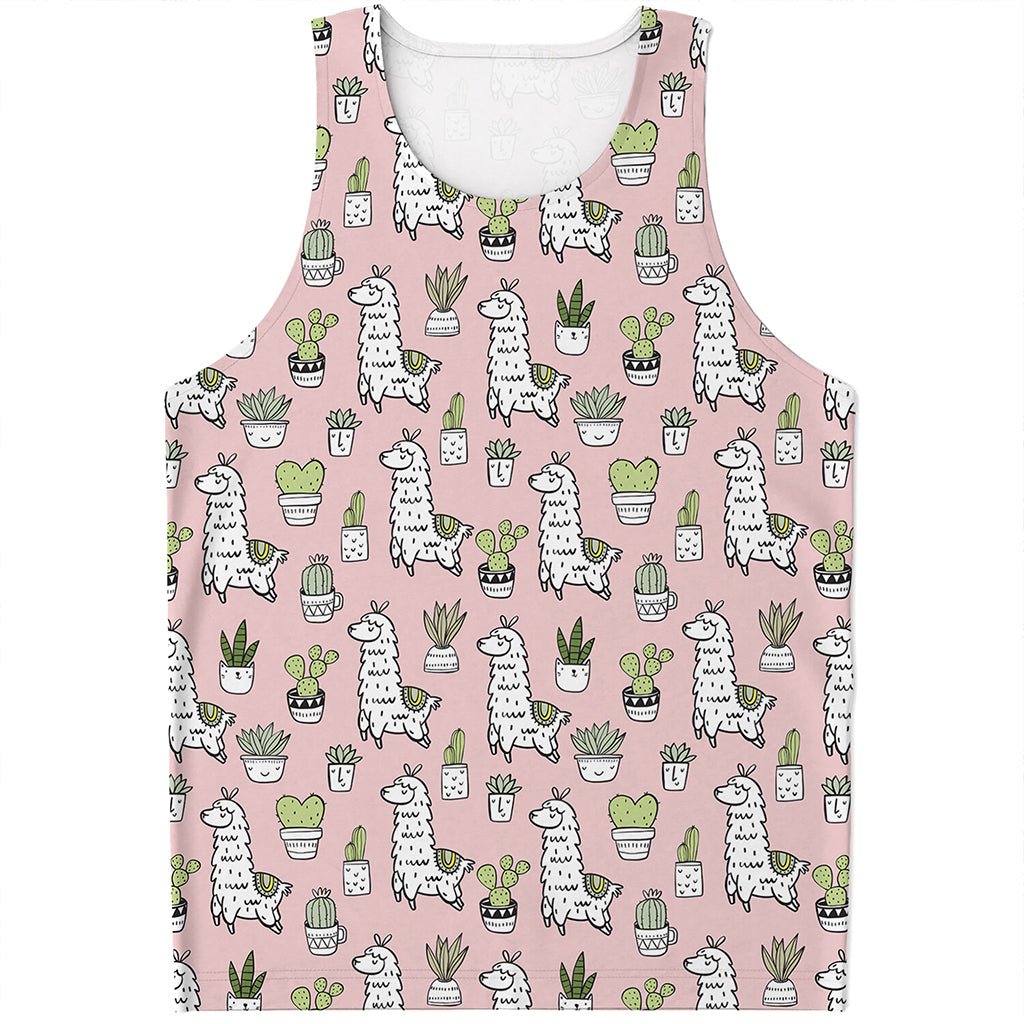 Cartoon Cactus And Llama Pattern Print Men's Tank Top