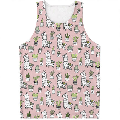 Cartoon Cactus And Llama Pattern Print Men's Tank Top