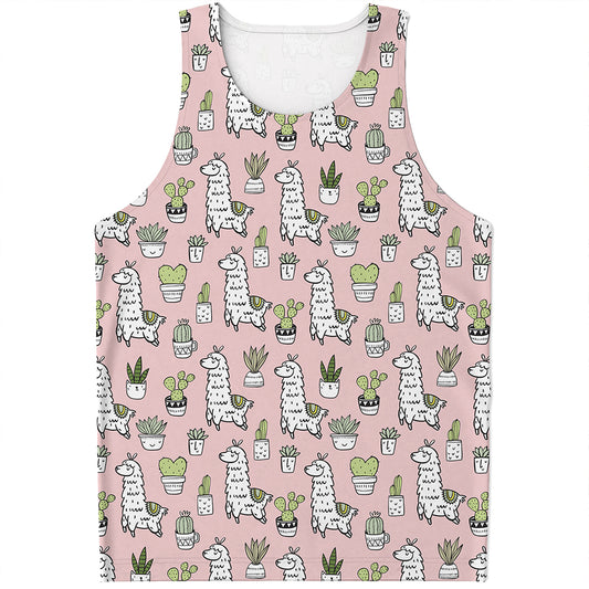 Cartoon Cactus And Llama Pattern Print Men's Tank Top