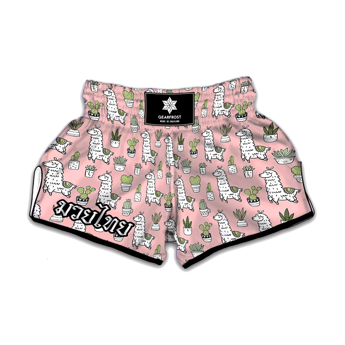 Cartoon Cactus And Llama Pattern Print Muay Thai Boxing Shorts