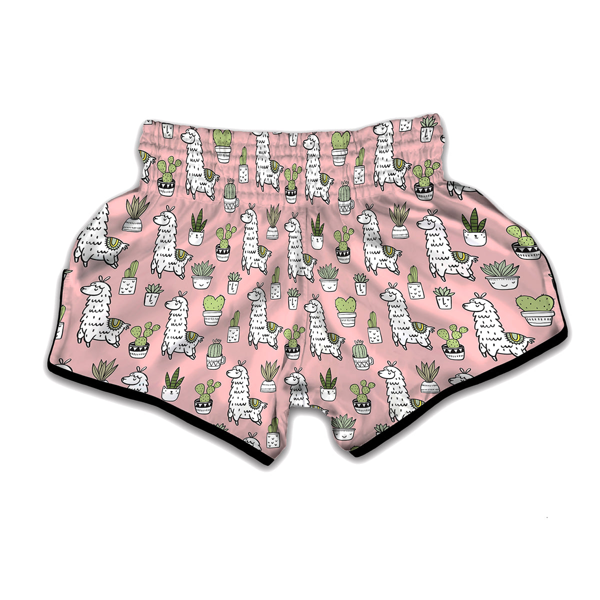 Cartoon Cactus And Llama Pattern Print Muay Thai Boxing Shorts