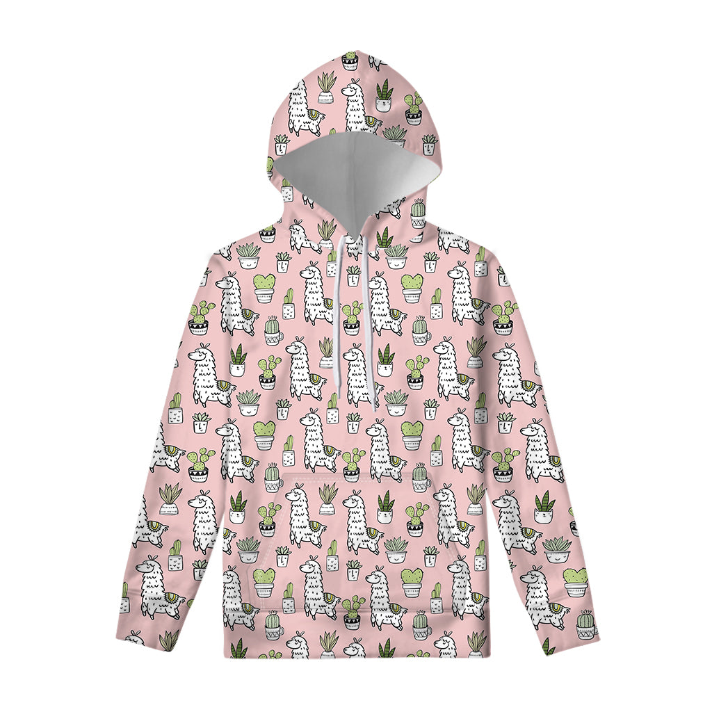 Cartoon Cactus And Llama Pattern Print Pullover Hoodie