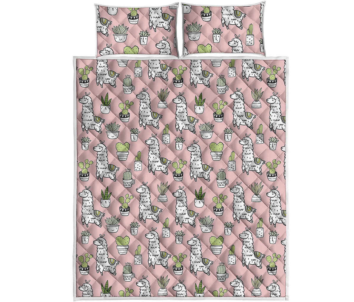 Cartoon Cactus And Llama Pattern Print Quilt Bed Set