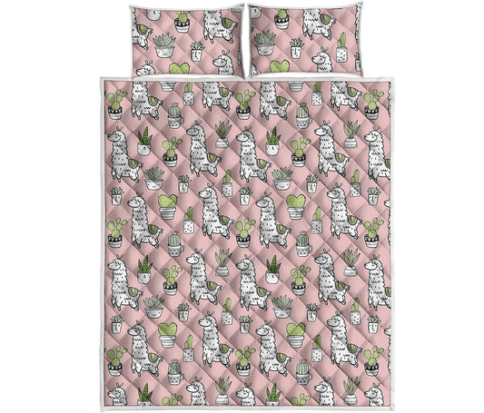 Cartoon Cactus And Llama Pattern Print Quilt Bed Set