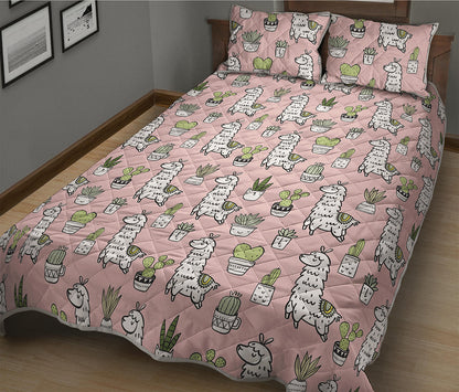 Cartoon Cactus And Llama Pattern Print Quilt Bed Set