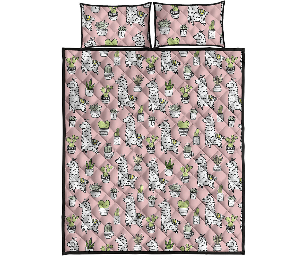 Cartoon Cactus And Llama Pattern Print Quilt Bed Set