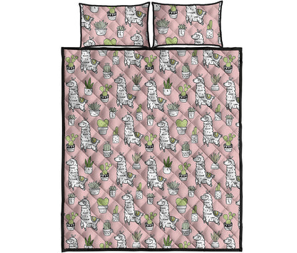 Cartoon Cactus And Llama Pattern Print Quilt Bed Set