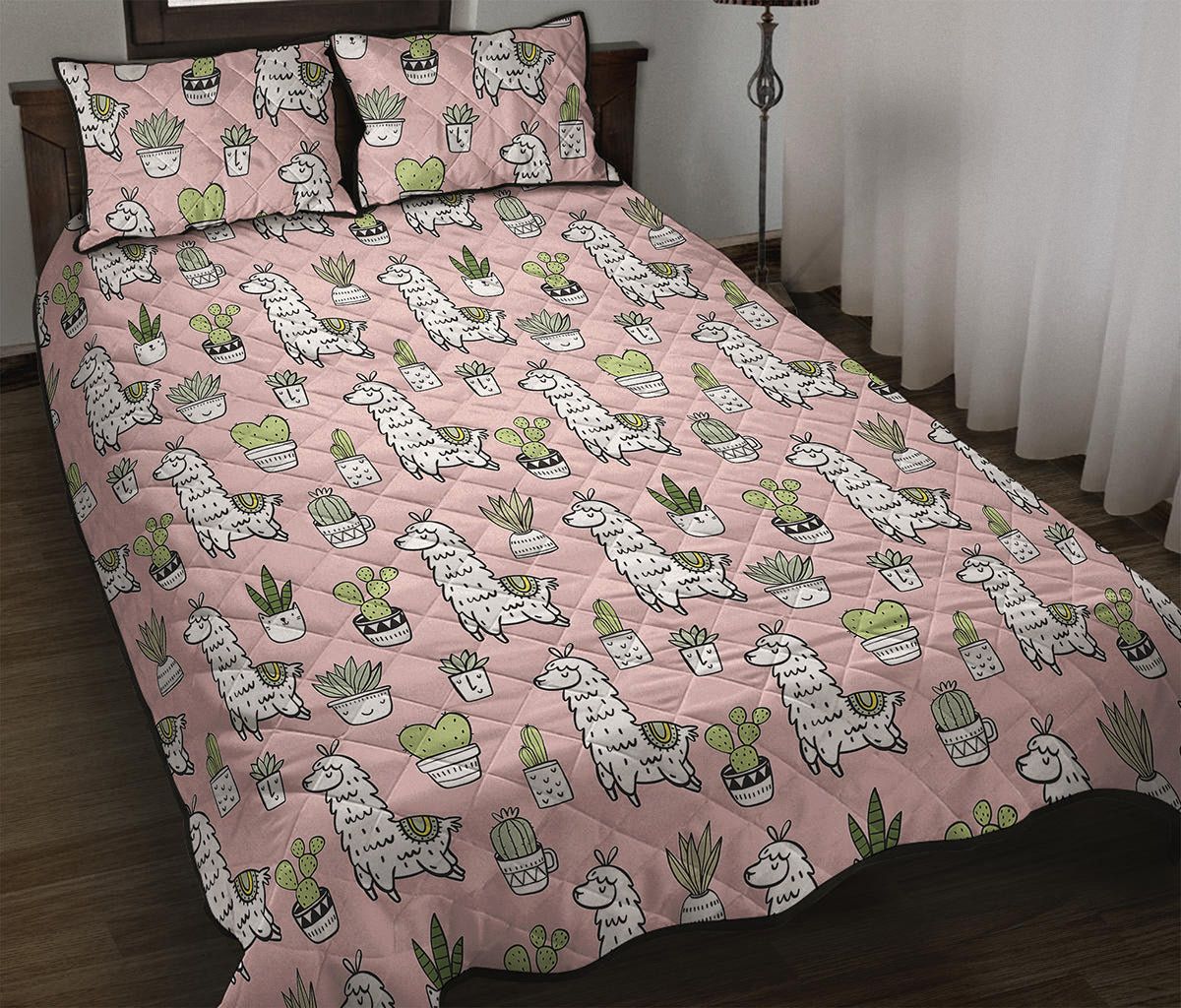 Cartoon Cactus And Llama Pattern Print Quilt Bed Set