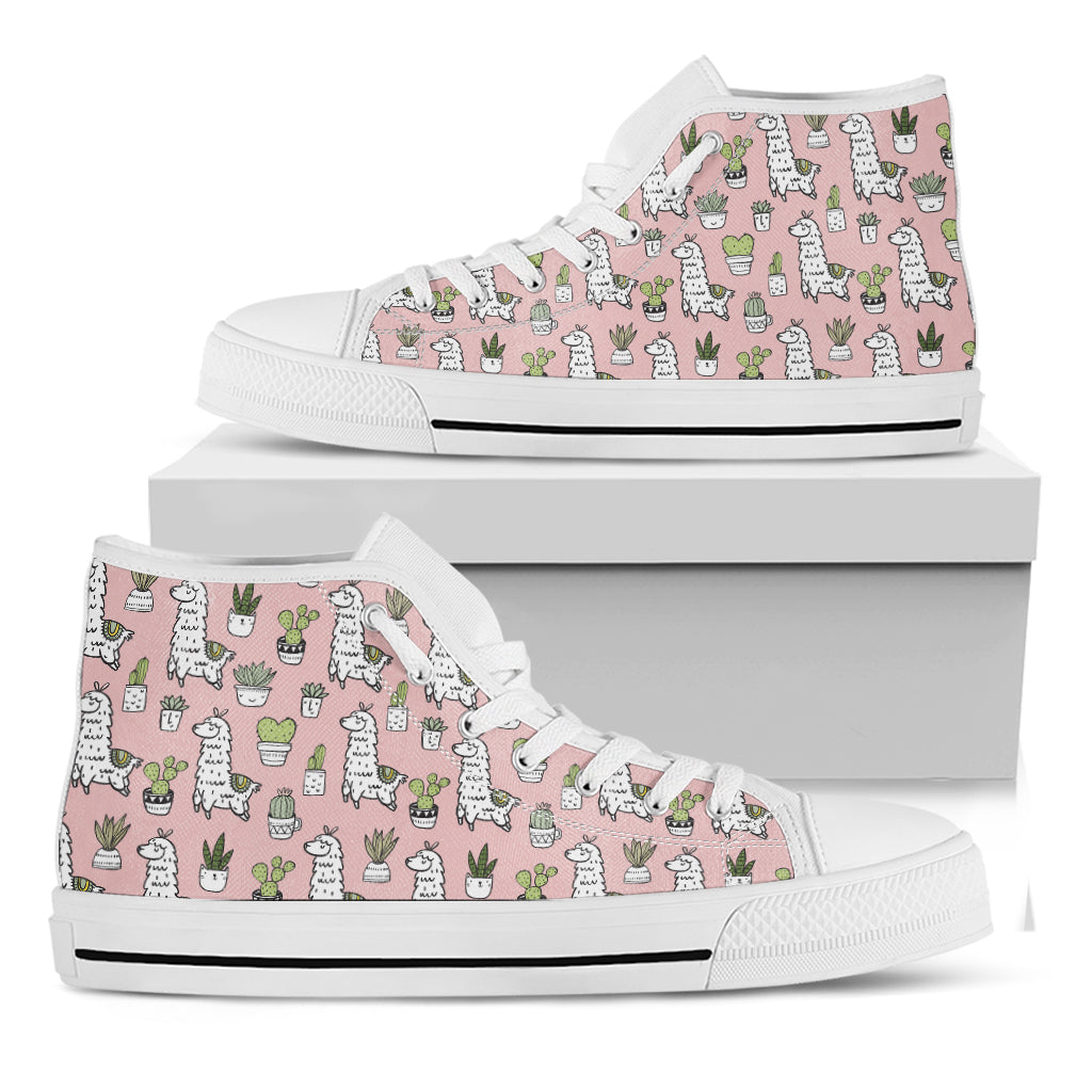 Cartoon Cactus And Llama Pattern Print White High Top Shoes