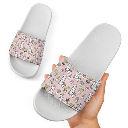 Cartoon Cactus And Llama Pattern Print White Slide Sandals