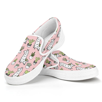 Cartoon Cactus And Llama Pattern Print White Slip On Shoes