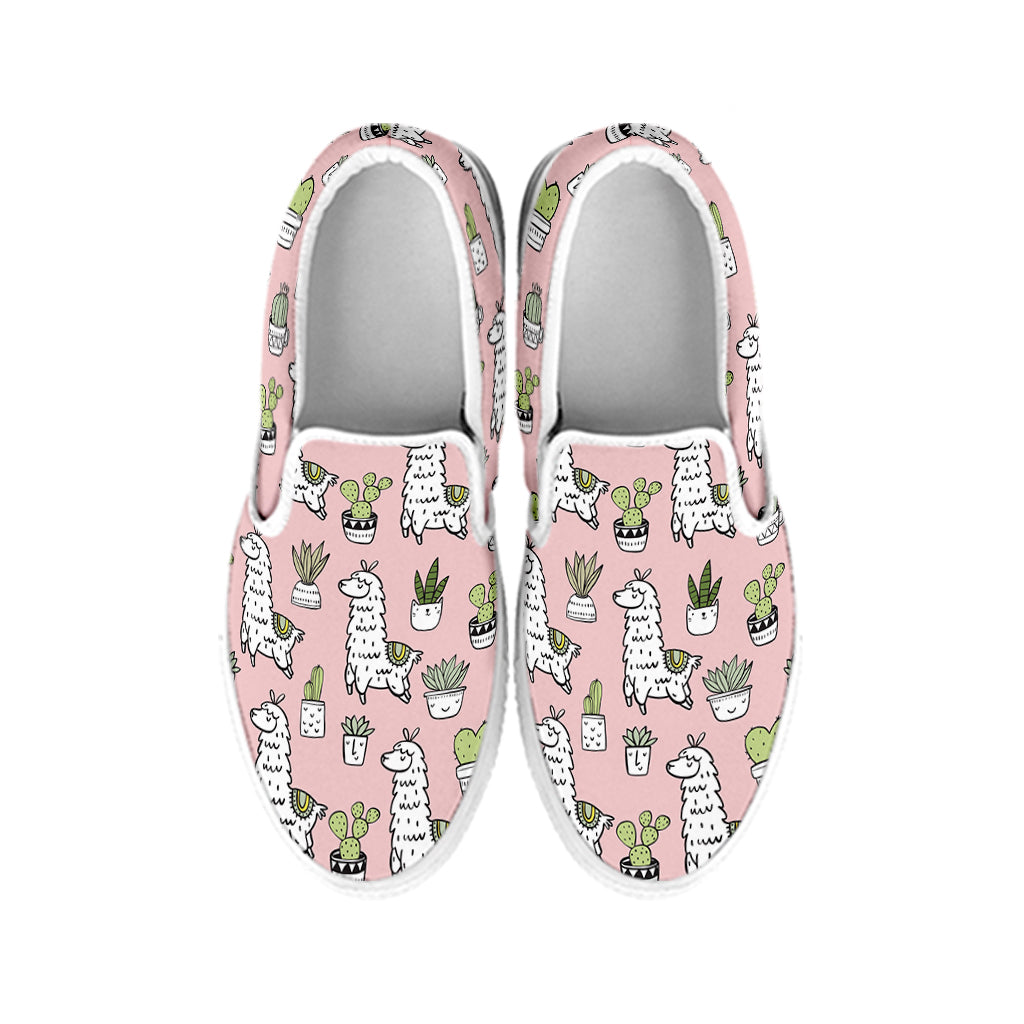 Cartoon Cactus And Llama Pattern Print White Slip On Shoes