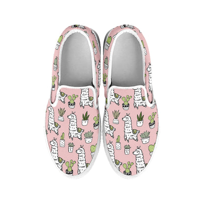 Cartoon Cactus And Llama Pattern Print White Slip On Shoes