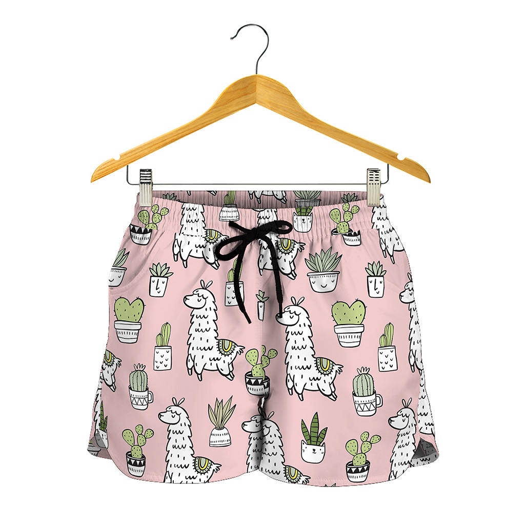 Cartoon Cactus And Llama Pattern Print Women's Shorts