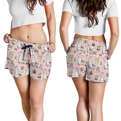 Cartoon Cactus And Llama Pattern Print Women's Shorts