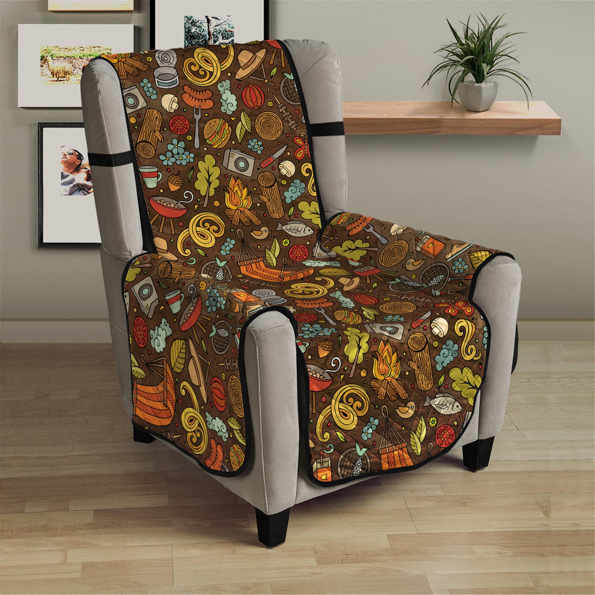 Cartoon Camping Pattern Print Armchair Protector