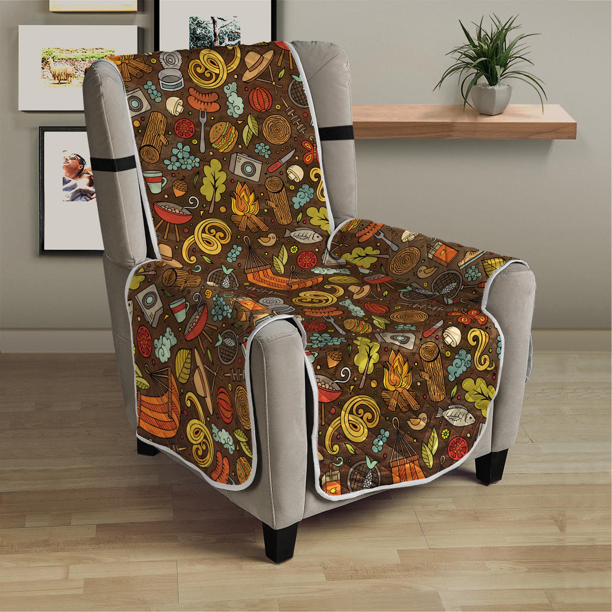 Cartoon Camping Pattern Print Armchair Protector