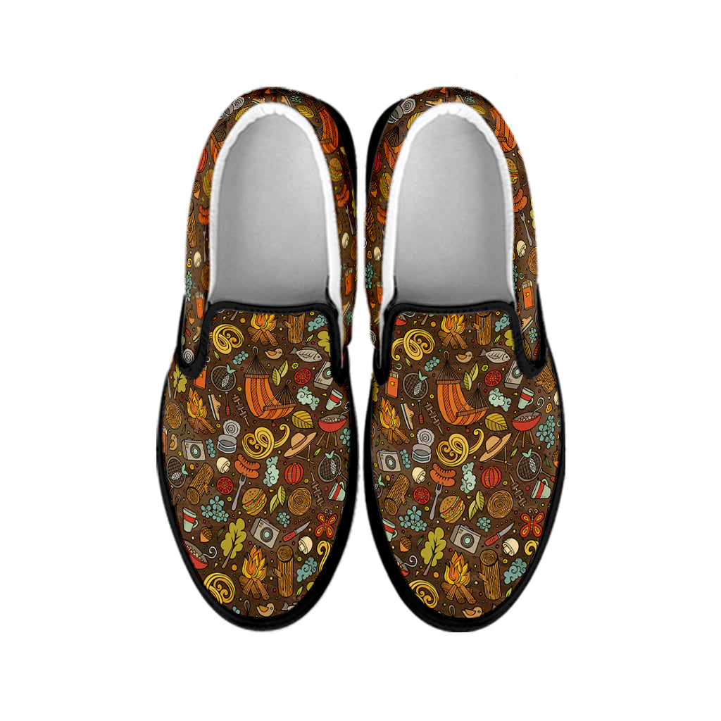 Cartoon Camping Pattern Print Black Slip On Shoes