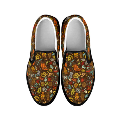 Cartoon Camping Pattern Print Black Slip On Shoes