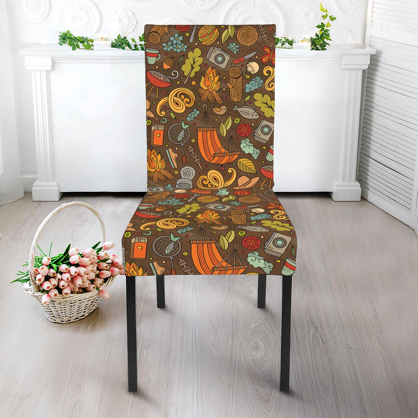Cartoon Camping Pattern Print Dining Chair Slipcover
