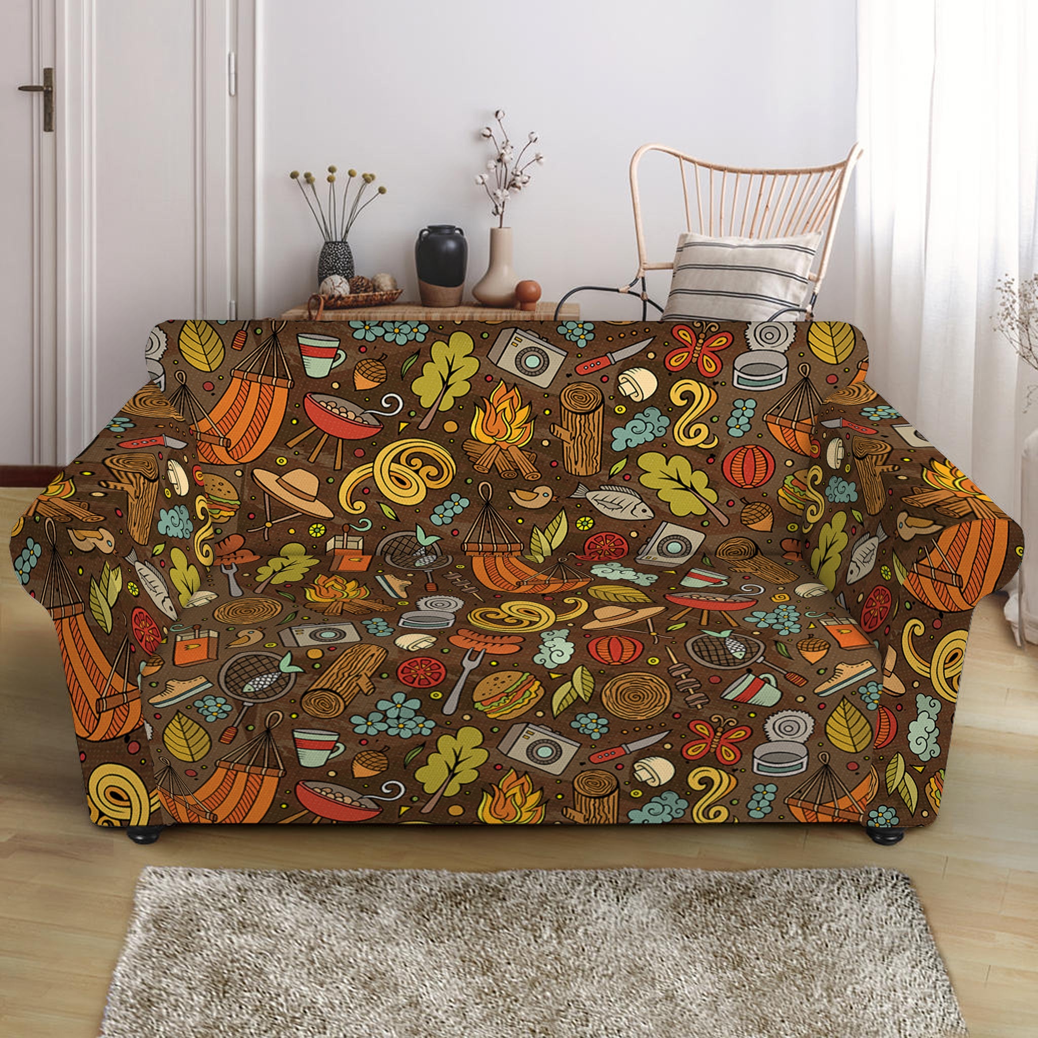 Cartoon Camping Pattern Print Loveseat Slipcover