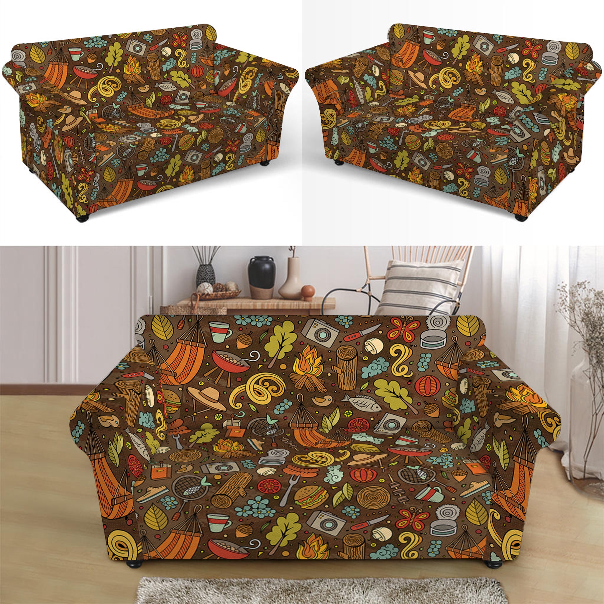 Cartoon Camping Pattern Print Loveseat Slipcover