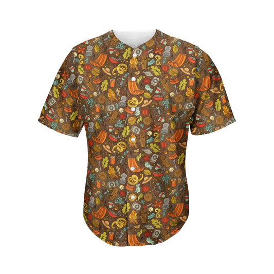Cartoon Camping Pattern Print Men's Baseball Jersey