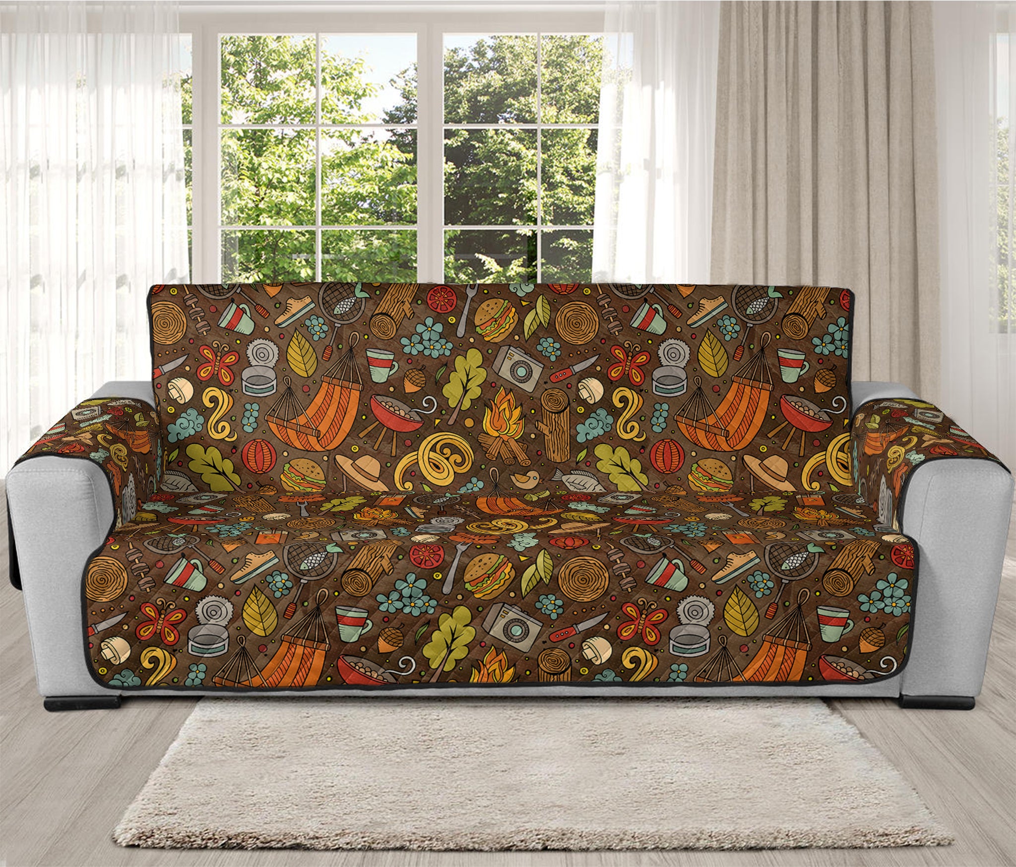 Cartoon Camping Pattern Print Oversized Sofa Protector